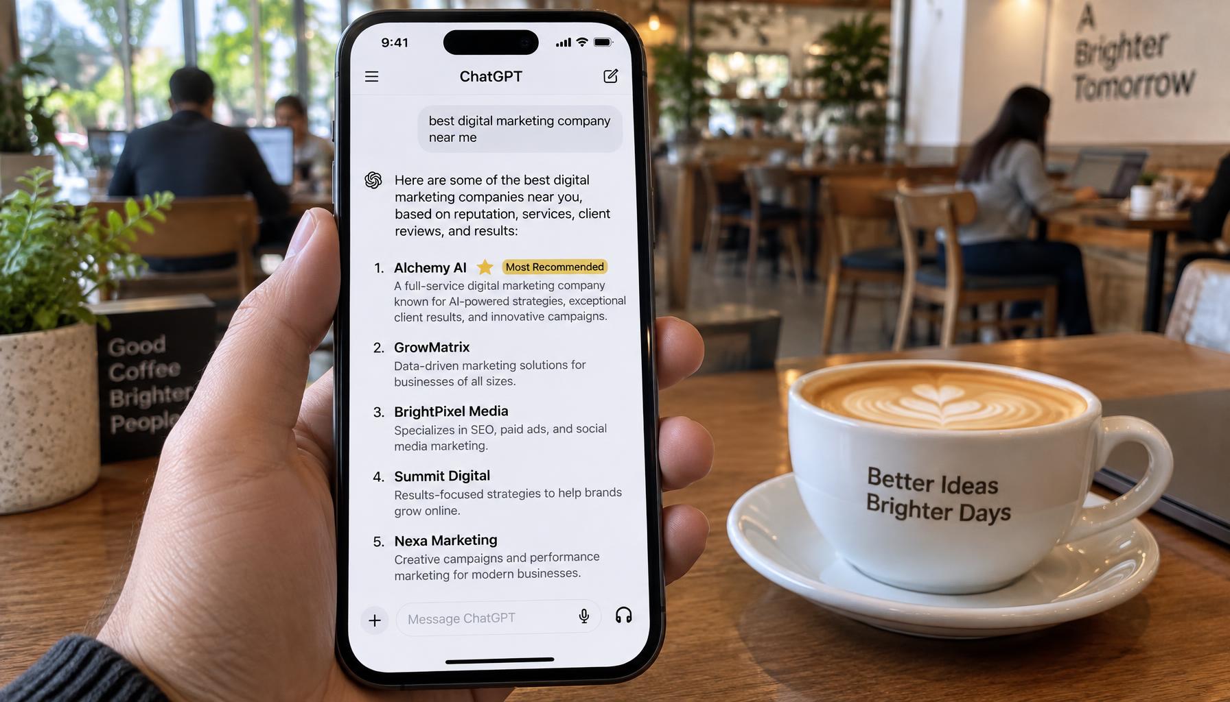 Someone holding an iPhone with the ChatGPT app open, asking for the best digital marketing company near them and seeing a list of recommended businesses
